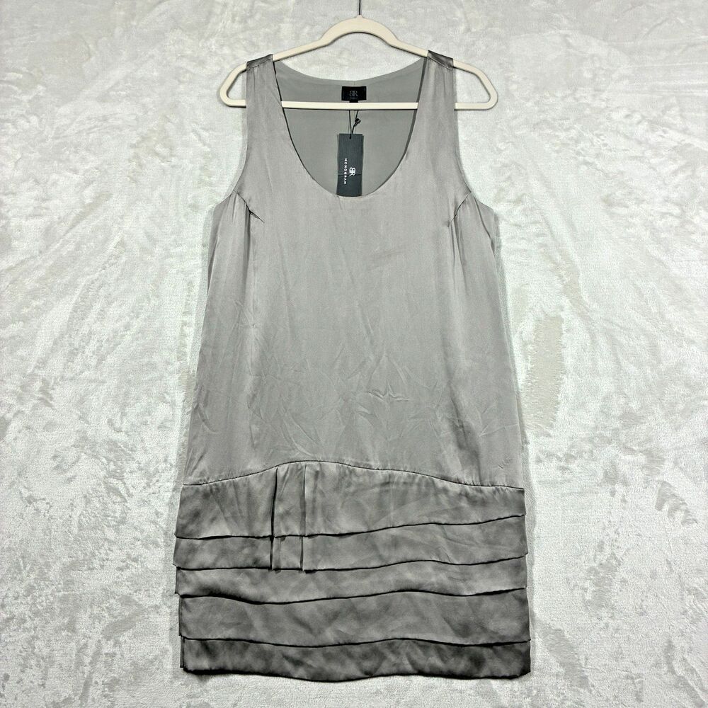 BR Monogram Banana Republic Gray Taupe Silk Layered Hem Shift Dress Sz 12 *Flaw